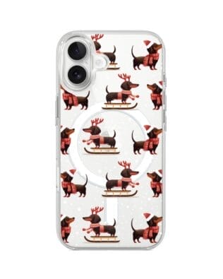 Etui do iPhone 17 z MagSafe przeźroczyste, silikonowe Flexi, Przytulne święta, Jamniki na saniach