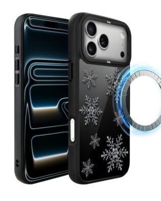 Etui do iPhone 17 Pro Max IBIZU DropGuard Matt z MagSafe, Zimowa magia, Płatki śniegu na czarnym lustrze