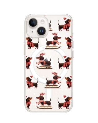 Etui do iPhone 13 Mini z MagSafe przeźroczyste, silikonowe Flexi, Przytulne święta, Jamniki na saniach