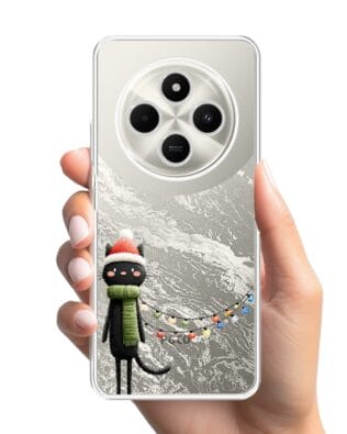 Etui do Xiaomi POCO C75 przeźroczyste, silikonowe Flexi, Przytulne święta, Kot przebrany za elfa