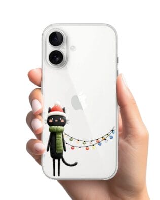 Etui do iPhone 16 Plus przeźroczyste, silikonowe Flexi, Przytulne święta, Kot przebrany za elfa
