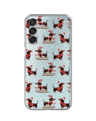 Etui do Samsung Galaxy M15 5G przeźroczyste, silikonowe Flexi, Przytulne święta, Jamniki na saniach