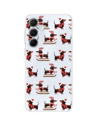 Etui do Samsung Galaxy A55 5G przeźroczyste, silikonowe Flexi, Przytulne święta, Jamniki na saniach