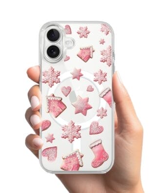 Etui do iPhone 17 z MagSafe przeźroczyste, silikonowe Flexi, Przytulne święta, Różowe pierniczki