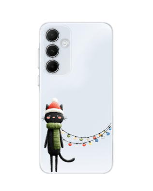 Etui do Samsung Galaxy A55 5G przeźroczyste, silikonowe Flexi, Przytulne święta, Kot przebrany za elfa