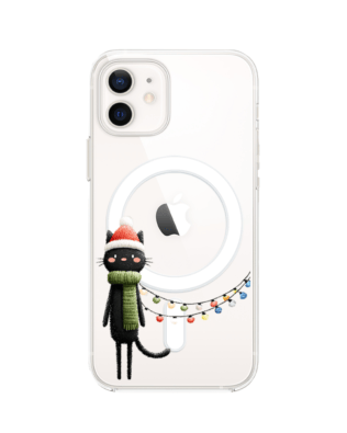Etui do iPhone 12 z MagSafe przeźroczyste, silikonowe Flexi, Przytulne święta, Kot przebrany za elfa