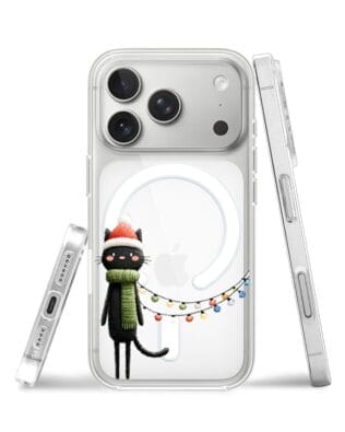Etui do iPhone 17 Pro z MagSafe przeźroczyste, silikonowe Flexi, Przytulne święta, Kot przebrany za elfa