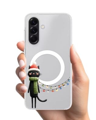 Etui do Samsung Galaxy A56 5G z MagSafe przeźroczyste, silikonowe Flexi, Przytulne święta, Kot przebrany za elfa