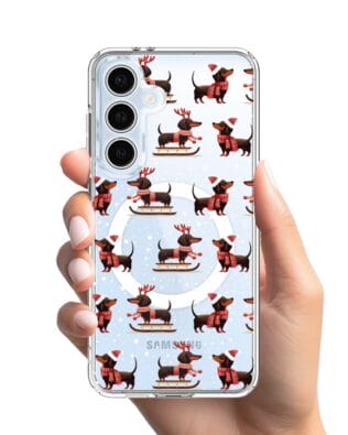 Etui do Samsung Galaxy S24 FE z MagSafe przeźroczyste, silikonowe Flexi, Przytulne święta, Jamniki na saniach