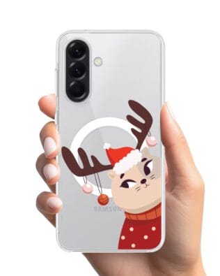 Etui do Samsung Galaxy A56 5G z MagSafe przeźroczyste, silikonowe Flexi, Kotek przebrany za reniferka