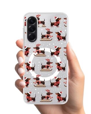 Etui do Samsung Galaxy A56 5G z MagSafe przeźroczyste, silikonowe Flexi, Przytulne święta, Jamniki na saniach