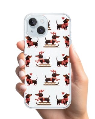 Etui do iPhone 15 przeźroczyste, silikonowe Flexi, Przytulne święta, Jamniki na saniach