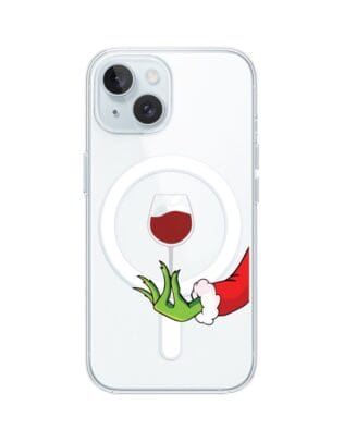 Etui do iPhone 15 Plus z MagSafe przeźroczyste, silikonowe Flexi, Zielony psotnik z lampką wina