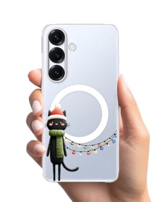 Etui do Samsung Galaxy S25 z MagSafe przeźroczyste, silikonowe Flexi, Przytulne święta, Kot przebrany za elfa
