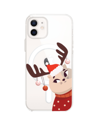 Etui do iPhone 12 z MagSafe przeźroczyste, silikonowe Flexi, Kotek przebrany za reniferka