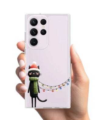 Etui do Samsung Galaxy S23 Ultra przeźroczyste, silikonowe Flexi, Przytulne święta, Kot przebrany za elfa