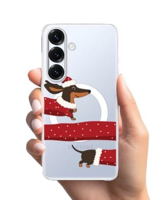 Etui do Samsung Galaxy S25 Plus z MagSafe przeźroczyste, silikonowe Flexi, Przytulne święta, świąteczny jamnik