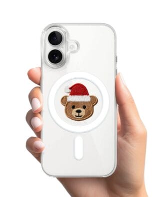 Etui do iPhone 16 z MagSafe przeźroczyste, silikonowe Flexi, Przytulne święta, Miś mikołajek
