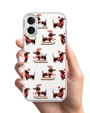 Etui do iPhone 17 przeźroczyste, silikonowe Flexi, Przytulne święta, Jamniki na saniach
