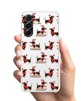 Etui do Samsung Galaxy A26 5G przeźroczyste, silikonowe Flexi, Przytulne święta, Jamniki na saniach