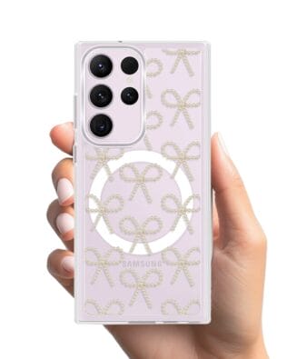 Etui do Samsung Galaxy S23 Ultra z MagSafe przeźroczyste, silikonowe Flexi, Przytulne święta, złote kokardki