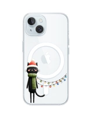 Etui do iPhone 15 Plus z MagSafe przeźroczyste, silikonowe Flexi, Przytulne święta, Kot przebrany za elfa