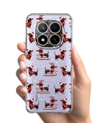 Etui do Xiaomi Redmi Note 14 Pro 4G przeźroczyste, silikonowe Flexi, Przytulne święta, Jamniki na saniach