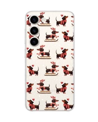 Etui do Samsung Galaxy S23 Plus przeźroczyste, silikonowe Flexi, Przytulne święta, Jamniki na saniach