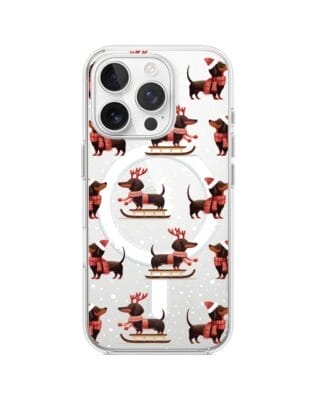 Etui do iPhone 14 Pro z MagSafe przeźroczyste, silikonowe Flexi, Przytulne święta, Jamniki na saniach