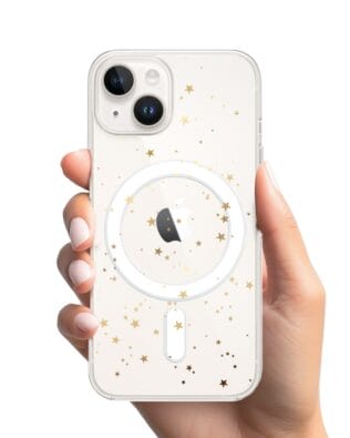 Etui do iPhone 14 Plus z MagSafe przeźroczyste, silikonowe Flexi, Zimowa magia, Złote gwiazdki