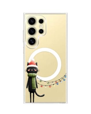 Etui do Samsung Galaxy S24 Ultra z MagSafe przeźroczyste, silikonowe Flexi, Przytulne święta, Kot przebrany za elfa