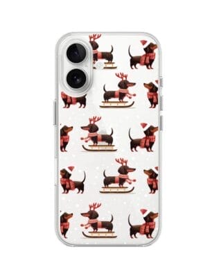 Etui do iPhone 16 Plus przeźroczyste, silikonowe Flexi, Przytulne święta, Jamniki na saniach