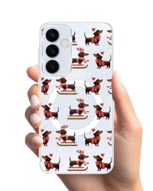 Etui do Samsung Galaxy A35 5G z MagSafe przeźroczyste, silikonowe Flexi, Przytulne święta, Jamniki na saniach