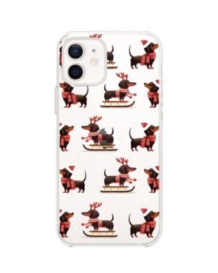 Etui do iPhone 12 przeźroczyste, silikonowe Flexi, Przytulne święta, Jamniki na saniach
