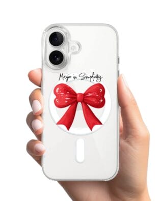 Etui do iPhone 16 Plus z MagSafe przeźroczyste, silikonowe Flexi, Przytulne święta, Czerwona kokarda