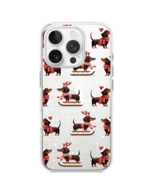 Etui do iPhone 16 Pro Max przeźroczyste, silikonowe Flexi, Przytulne święta, Jamniki na saniach