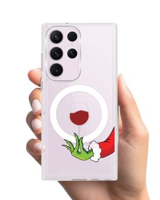 Etui do Samsung Galaxy S23 Ultra z MagSafe przeźroczyste, silikonowe Flexi, Zielony psotnik z lampką wina