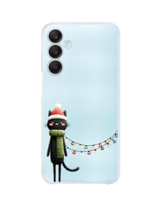 Etui do Samsung Galaxy M35 5G przeźroczyste, silikonowe Flexi, Przytulne święta, Kot przebrany za elfa