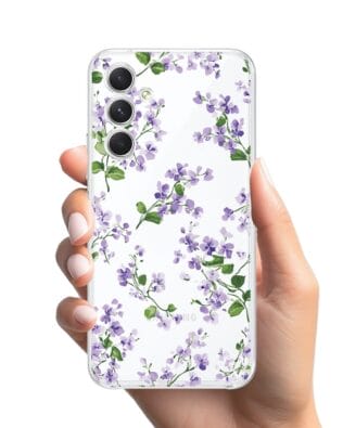 Etui do Samsung Galaxy A54 5G przeźroczyste, silikonowe Flexi, Fioletowe Bratki