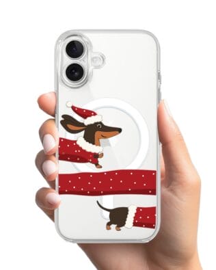 Etui do iPhone 17 z MagSafe przeźroczyste, silikonowe Flexi, Przytulne święta, świąteczny jamnik