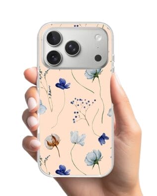 Etui do iPhone 17 Pro Max z MagSafe przeźroczyste, silikonowe Flexi, Summer Patterns, kwiatki niebieskie na pudrowym tle