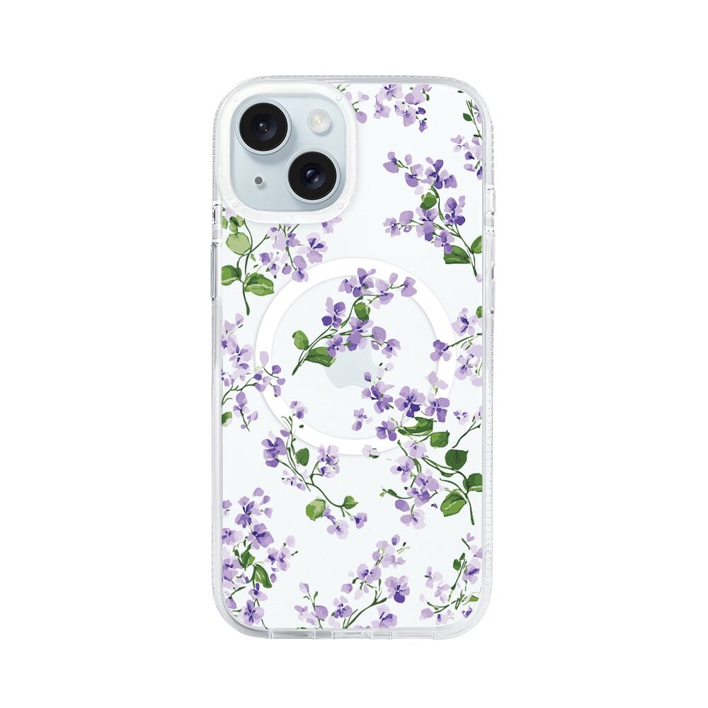 Etui do iPhone 15 z MagSafe przeźroczyste, silikonowe Flexi, Fioletowe Bratki