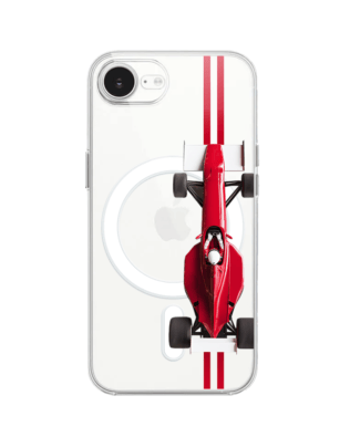 Etui do iPhone 16e z MagSafe przeźroczyste, silikonowe Flexi, Szybkie Auta, czerwone F1