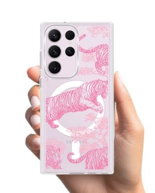 Etui do Samsung Galaxy S23 Ultra z MagSafe przeźroczyste, silikonowe Flexi, Mystic, Różowe tygrysy