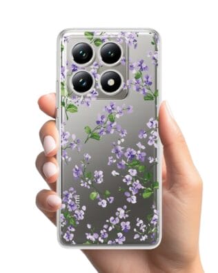 Etui do Xiaomi 14T przeźroczyste, silikonowe Flexi, Fioletowe Bratki