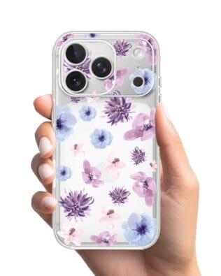 Etui do iPhone 17 Pro przeźroczyste, silikonowe Flexi, kwiatki niebieskie, fioletowe