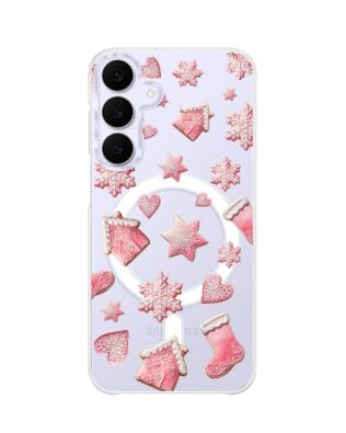 Etui do Samsung Galaxy S25 FE z MagSafe przeźroczyste, silikonowe Flexi, Przytulne święta, Różowe pierniczki