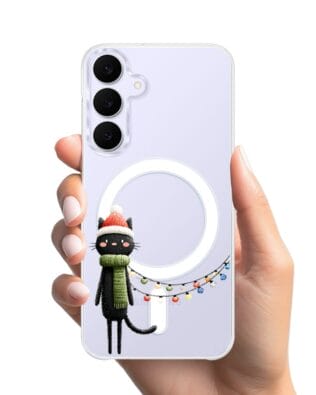 Etui do Samsung Galaxy S25 FE z MagSafe przeźroczyste, silikonowe Flexi, Przytulne święta, Kot przebrany za elfa