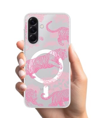 Etui do Samsung Galaxy A56 5G z MagSafe przeźroczyste, silikonowe Flexi, Mystic, Różowe tygrysy