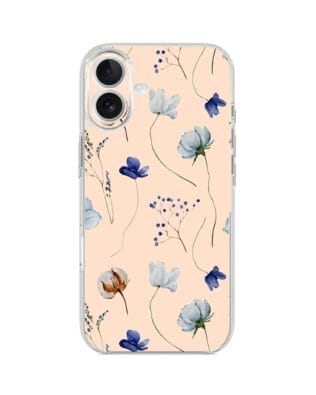 Etui do iPhone 17 przeźroczyste, silikonowe Flexi, Summer Patterns, kwiatki niebieskie na pudrowym tle